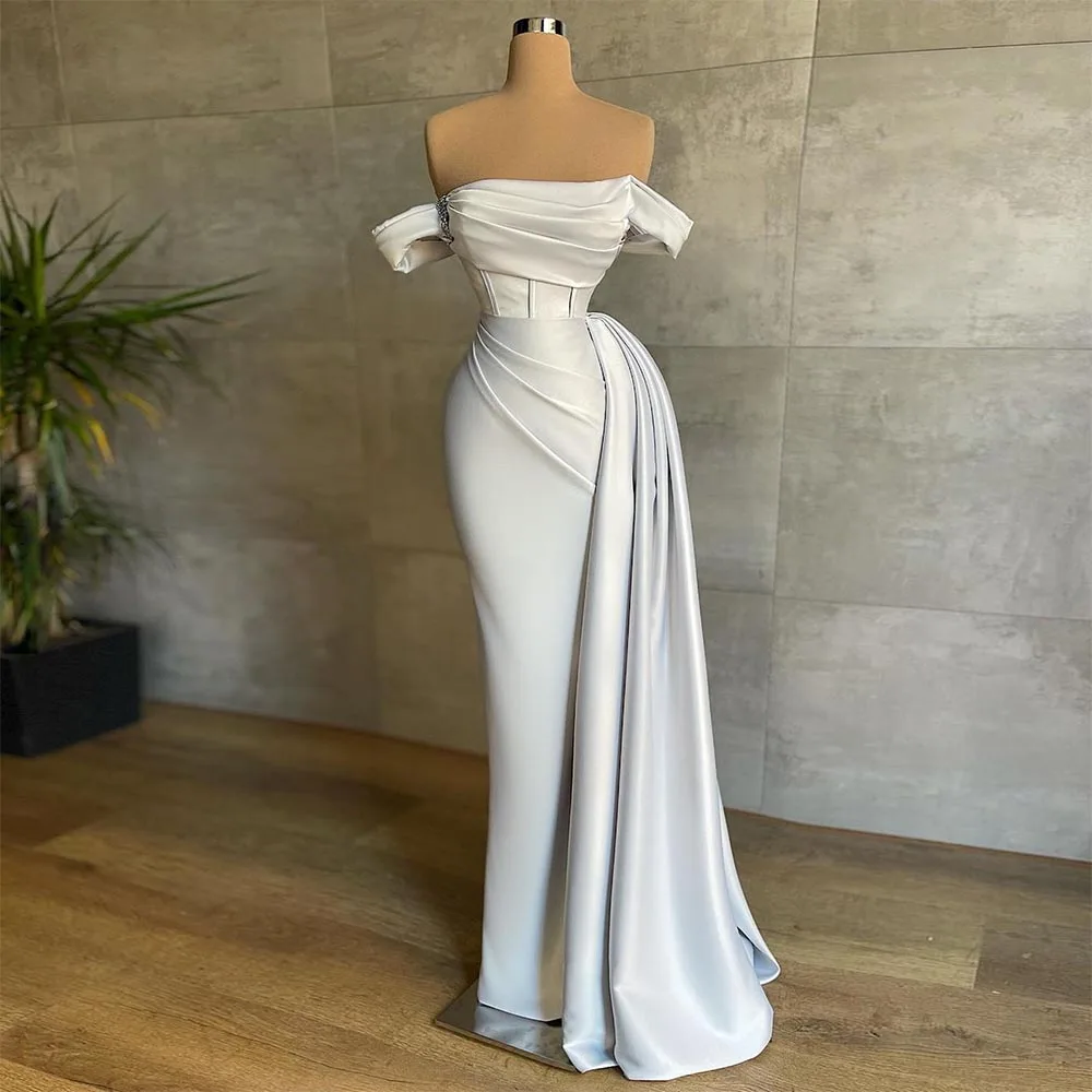 

Elegant Satin Mermaid Evening Dresses Pleat Ruched Dubai Women Prom Gown Crystal Beading Formal Party Dress 2022
