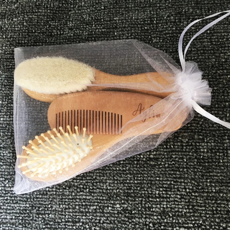 Baby Hair Brush Comb Personalized Baby Care Hair Brush Pure Natural Wool Wood Comb , Engraved Newborn Massager Baby Shower And Registry Gift