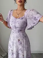 Women's Sweet French Style Mini Dress with Purple Butterfly Print, Batwing Sleeves & Back Zipper - Image 5