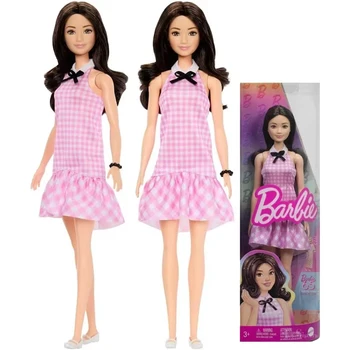 Original Barbie Dolls Fashionistas Black Wavy Hair Pink Gingham Dress Accessories Fashion Gifts Toys for Girls 65th Anniversary