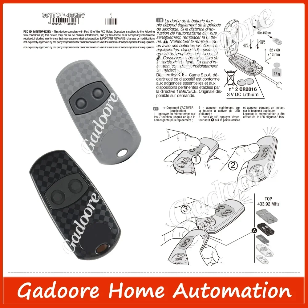 Gadoore TOP432 EV EE NA 433MHz Remote Garage Door Opener Compatible with TOP432 Came TOP342 - Replacement Transmitter 2