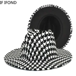 Fashion Patchwork Women Fedora Hat Letter printing Design Wide Brim Trilby Jazz Hats Formal Street Dress Cap Sombreros De Mujer