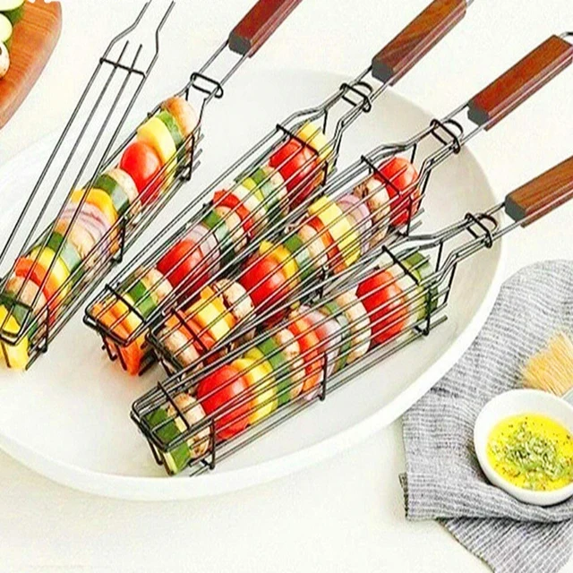 Bbq Grillező Kosár Kemping Barbecue Faszén Grill Nem Tapadó Bevonó Húskliptel Piknik Pörkölésére