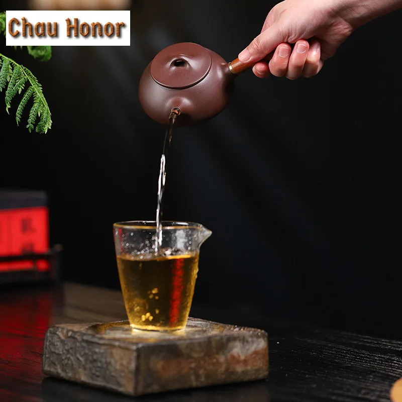210ml Boutique Yixing Purple Clay Side Handle Teapots Handmade Stone Spoon Pot Raw Ore Mud Tea Brewing Kettle Zisha Tea Set Gift