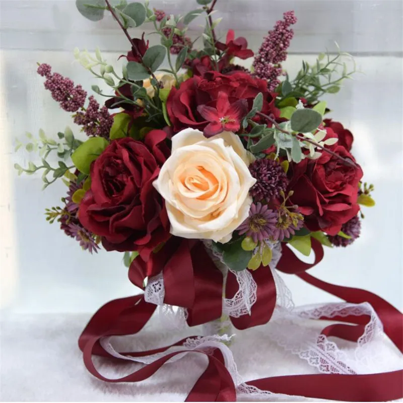 

Red Pink Wedding Bouquet Handmade Artificial Flower Rose Bride Holding Flowers Romantic Wedding Colorful Bride 's Bouquet
