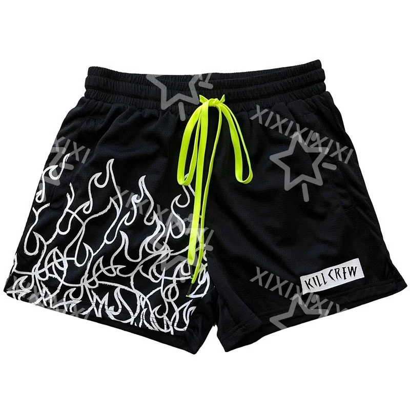 Summer flame print American basketball shorts men's sports fitness training trendy brand summer quick-drying shorts
