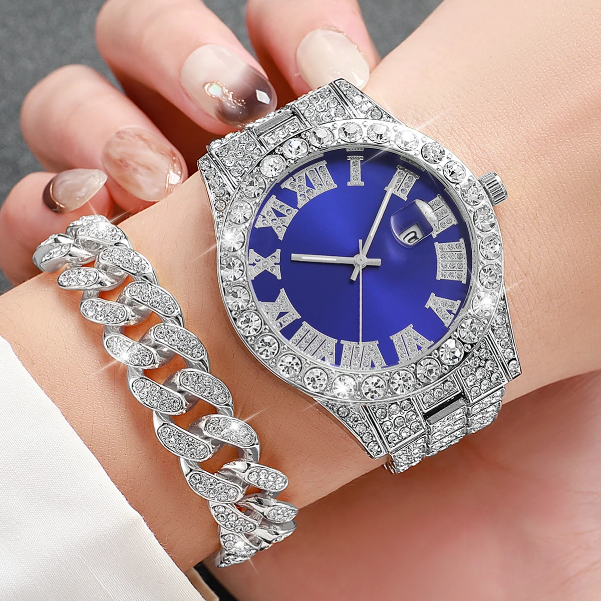 2PCs/Set Men's Fashion Watch Men's Luxury Diamond studded