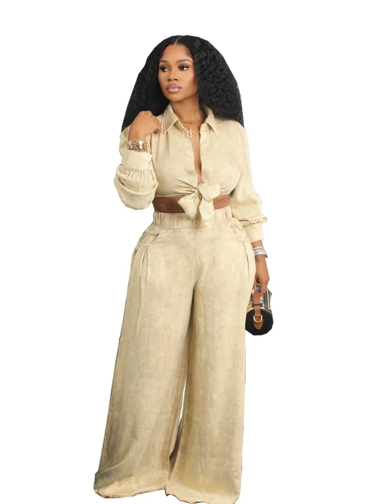 Wmstar Two Piece Set Women Wholesale Autumn New Woman Wear Long Sleeved Casual Wide-leg Pants Loose Casual Shirt Long Pants