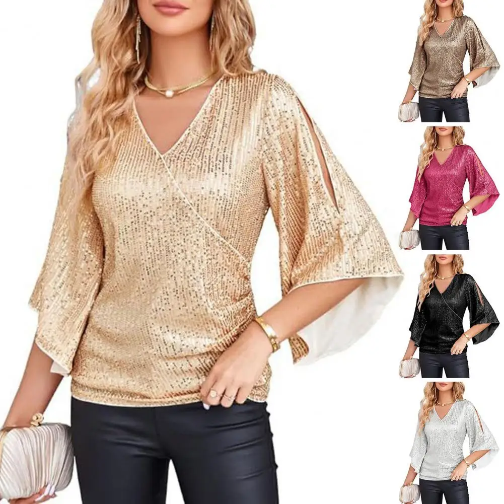 

Fashion Women's Sequin Blouses Shirts Tops Shimmer Glitter 3/4 Slit Sleeve Dressy V-Neck Ruched Tops Party Tunic Female Clothes