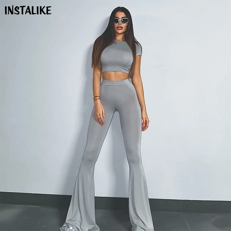 InstaLike Solid Short Sleeve Crop Tops Elegant Women's Sets Yoga Sport Flare Pants Casual High Street Fashion Matching 2 Pcs Set fitness women jumpsuits casual street solid deep v neck cleavage backless short sleeve overalls skinny concise one piece outfit