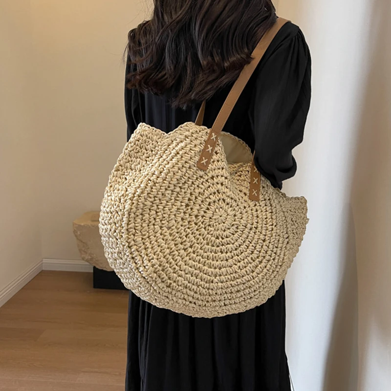 Fashion Large Capacity Handmade Straw Handbag Women Holiday Beach Casual Tote Top-Handle Bags Retro Shoulder Bags