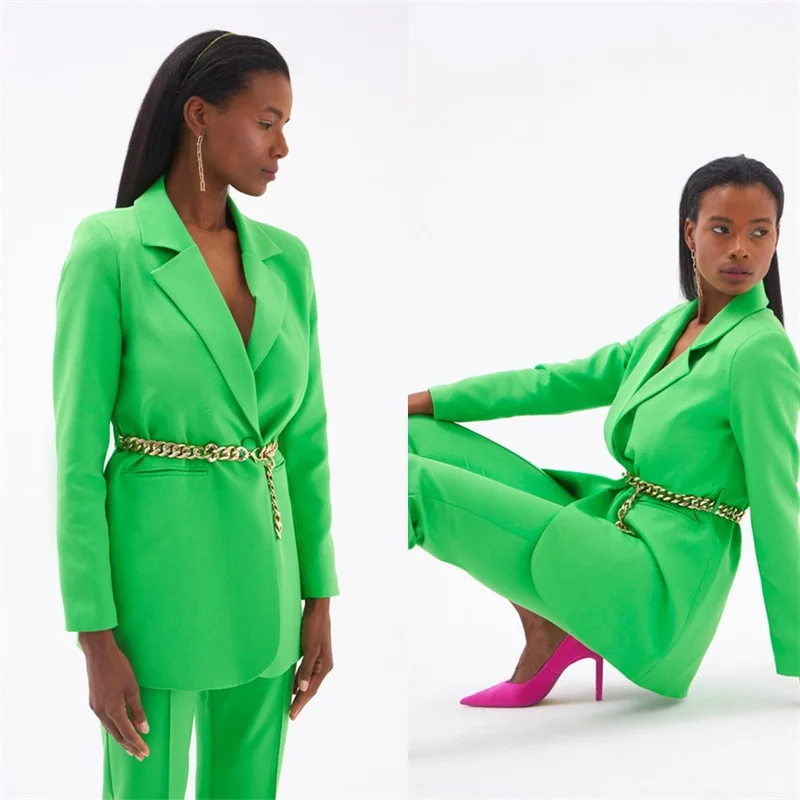 

Green Women Suits Pants Set 2 Pcs Blazer With Metal Belt Custom Size Prom Dress женский костюм Party Gown Fashion Street Wear