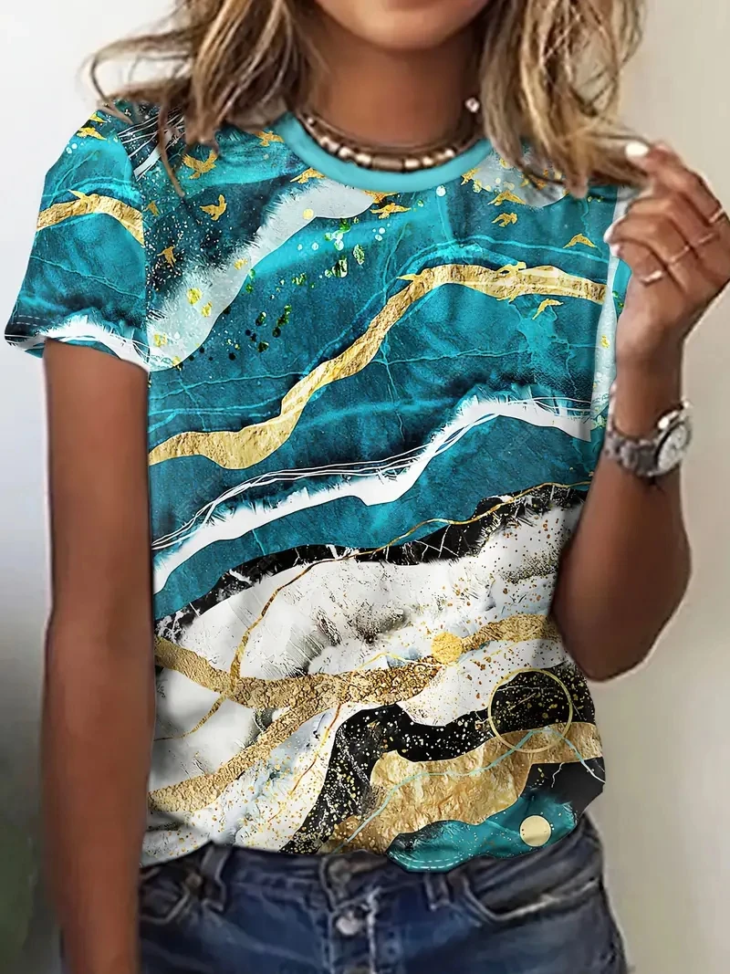 

2024 New Summer Women T-shirt Retro Tie Dyeing 3D Print Pattern Short Sleeve Tees Girls Tops Street Casual Loose Woman Clothing