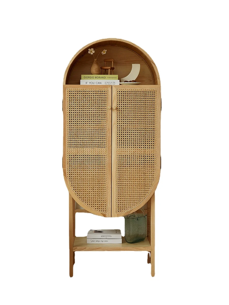 

ZL Solid Wood Wine Cupboard Rattan Wall Display Cabinet Household Locker Small Apartment