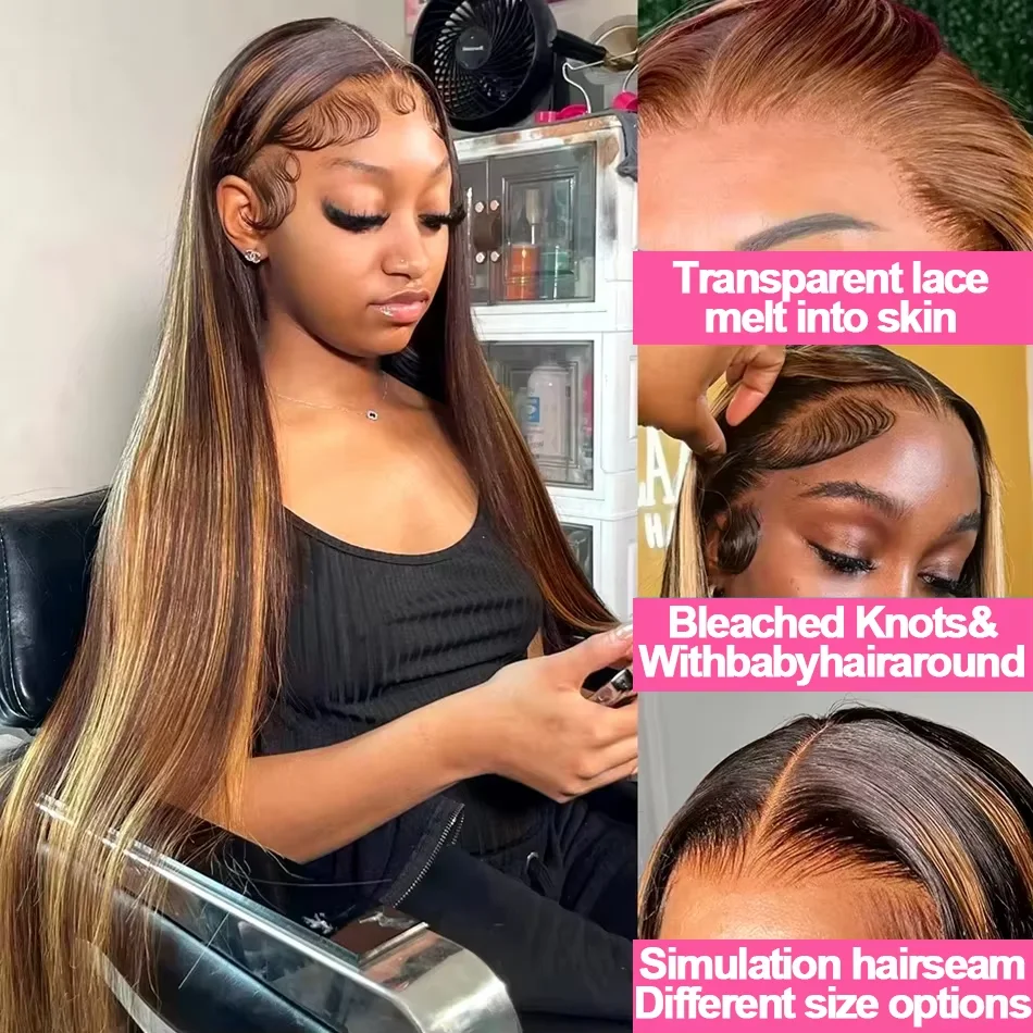 P4 27 Highlight 13x4 13x6 HD Transparente, volle Frontal-Lace-Perücke aus langem, glattem Echthaar, Lace-Front-Perücken für Damen, 40-46 Zoll – Detail 4