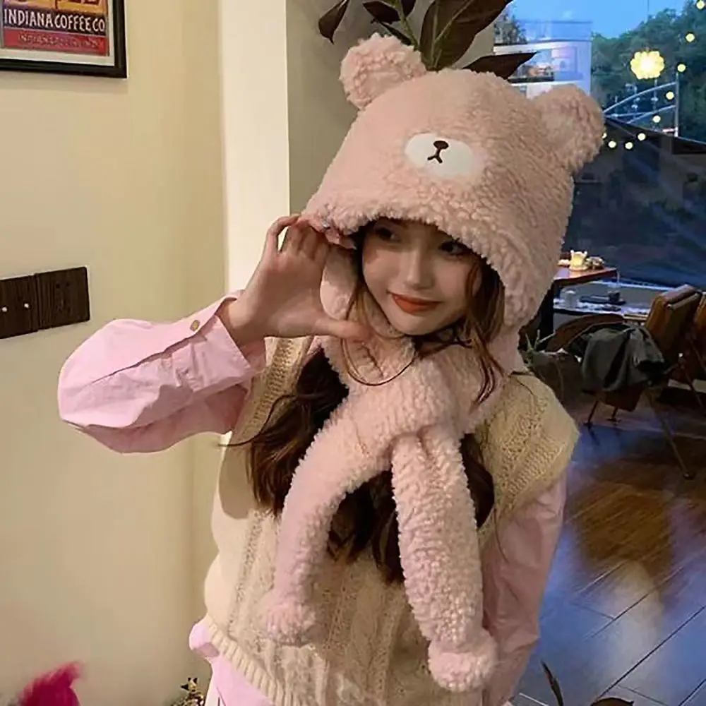 

Cute Bear Hat Scarf Set Convenient Winter Warm Brimless Plush Bonnet Caps Warm Scarf Women Girls