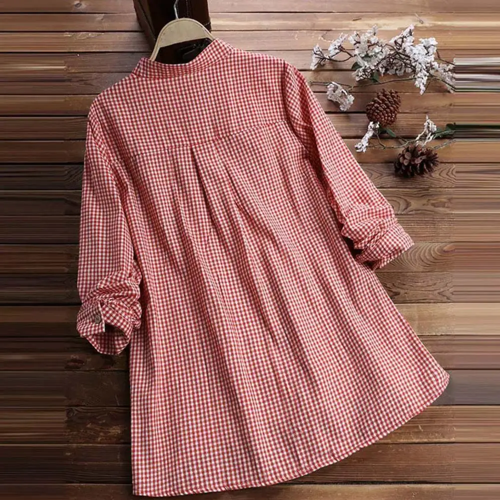 

Women Casual Tops Stand Collar Buttons Half Placket Long Sleeve Mid-length Tops Plaid Print Loose Fit Blouse