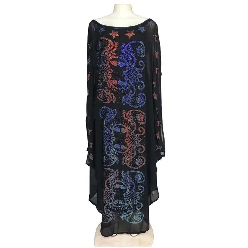 New African Women Clothing Chiffon Maxi Dress Dashiki Colorful Diamond Two Piece Set Bat Sleeve Broder Riche Robe Evening