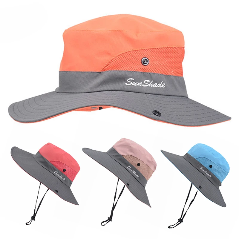 

Unisex Wide Brim Sun Hats with Windbreak Rope Color Block Caps Outdoor Sunshade Summer Breathable Mesh Top Accessories Causal