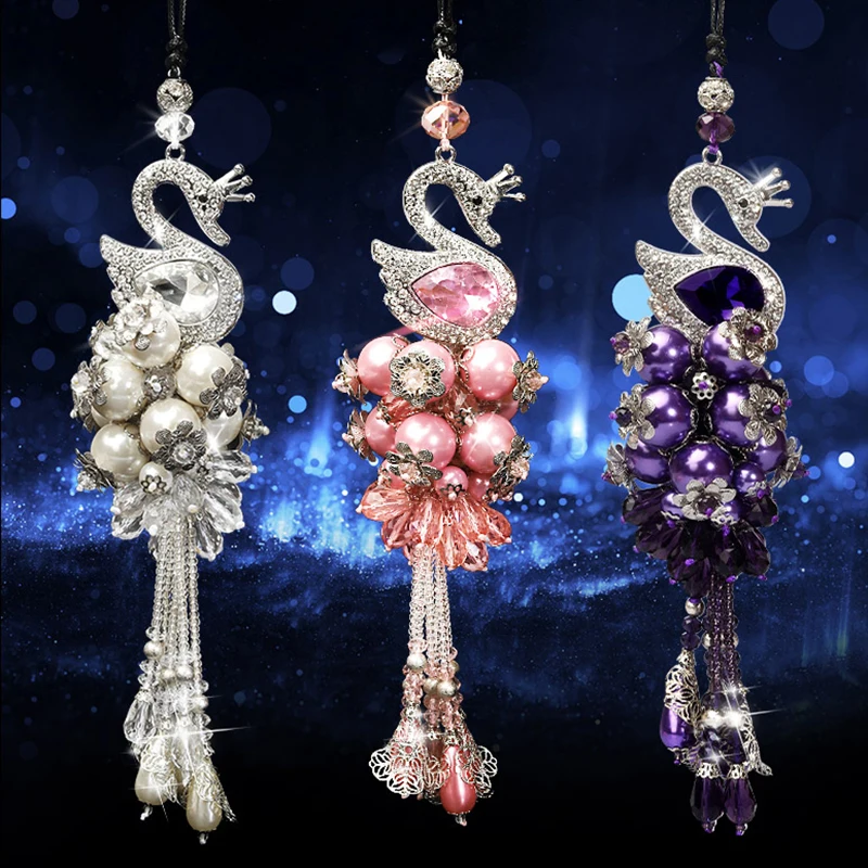 

Luxury Diamond Cute Car Accessories Girls Women Rhinestone Swan Car Rear View Mirror Ornament Hanging Pendant BlingBling Crystal
