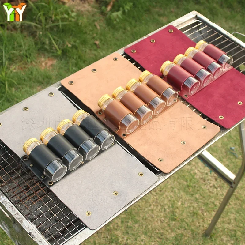 Portable Camping Seasoning Spices Bottle Tableware Leather Storage Bag with 4 Cans Holder Portable Kit For BBQ Picnic Kitchen