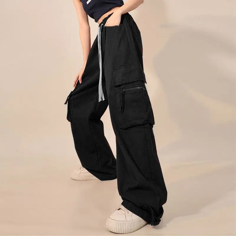 Oversize Pants Red Street Casual Spring Summer Solid High Waist Pockets Patchwork Wide Leg Pants Casual Fashion Women Clothing american retro cargo pants women button pockets high street belt zipper distressed oversize wide led vintage jeans