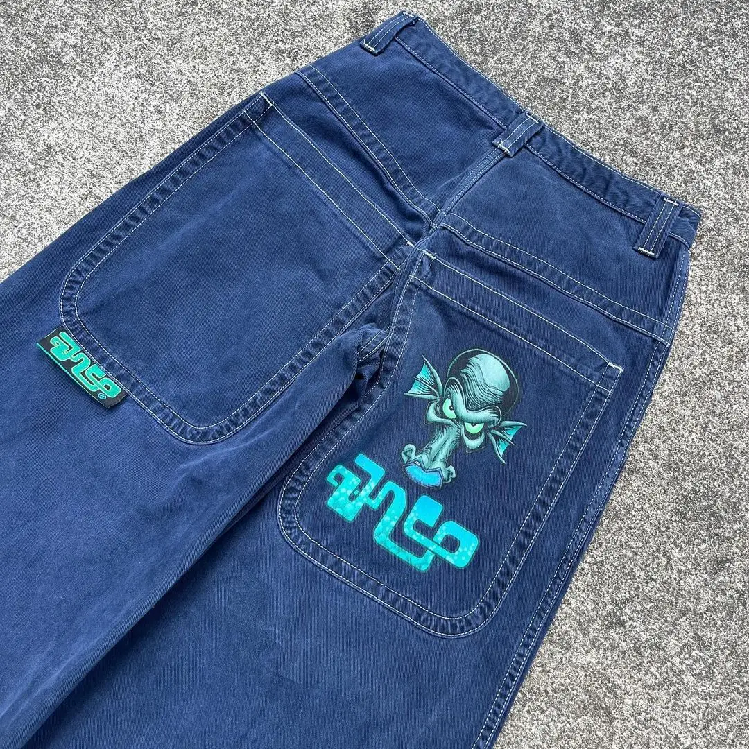 Casual jeans American large pocket skull print washed wide leg jeans Y2K hip hop street loose denim men's and women's trousers