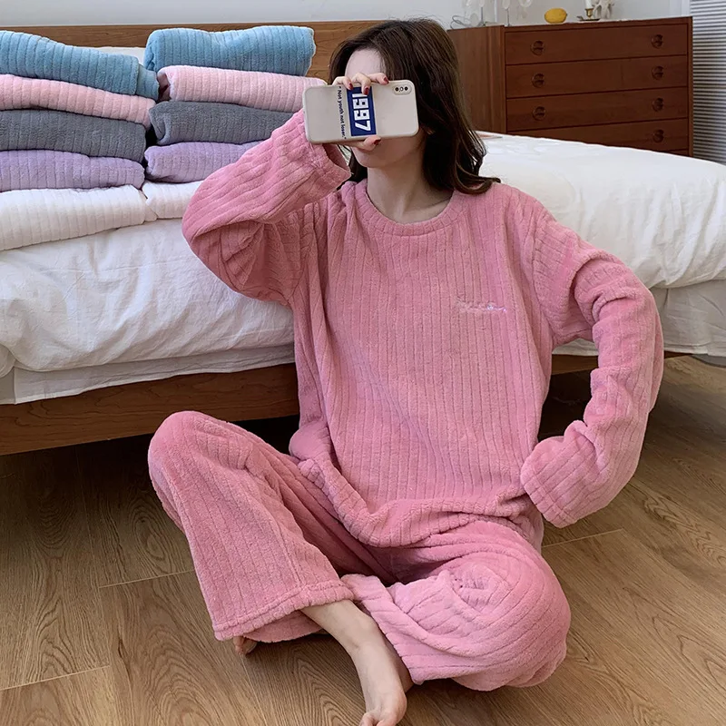 Sleepwear Autumn Winter Warm Women Pajamas Coral Fleece Pajamas Flannel Thick Pajama Sets Loungewear Long Sleeve Loose Korean