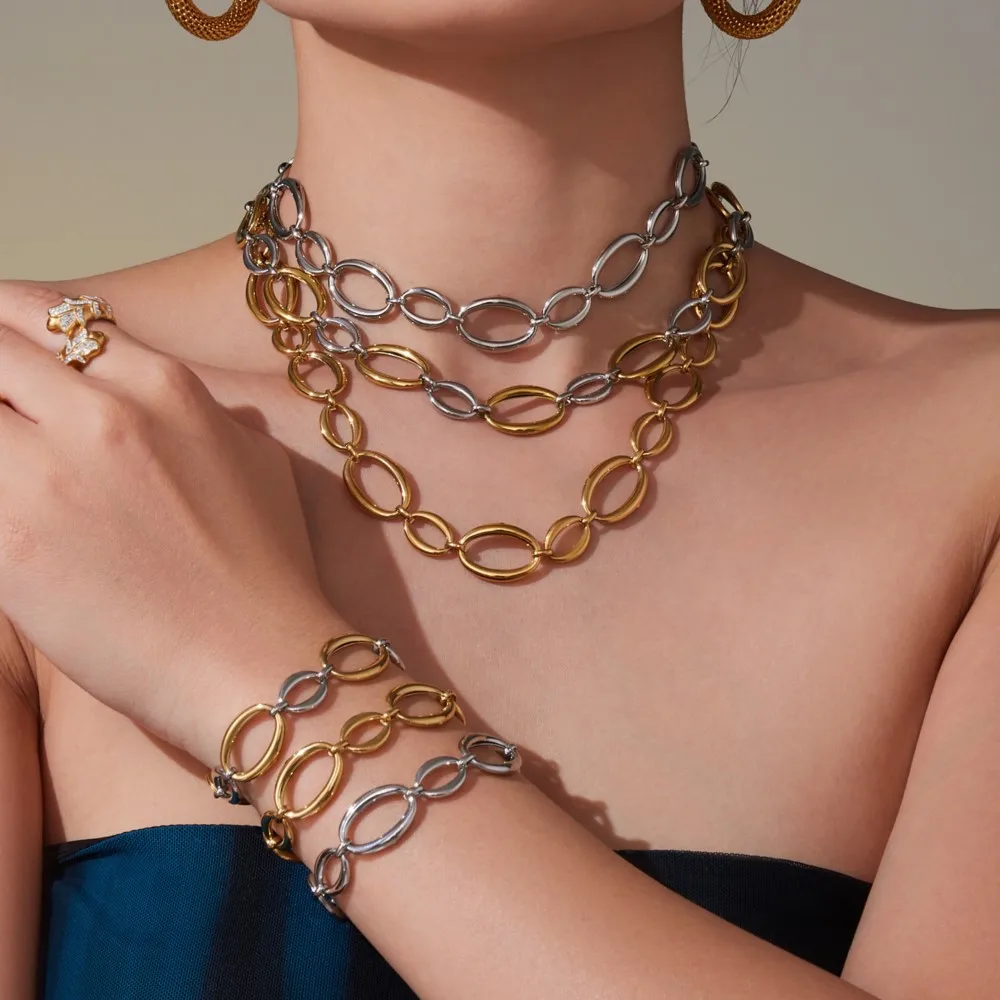 Elegant Two-Tone Stainless Steel Necklace and Bracelet Set - 18k Gold Plated Chunky Chain Jewelry