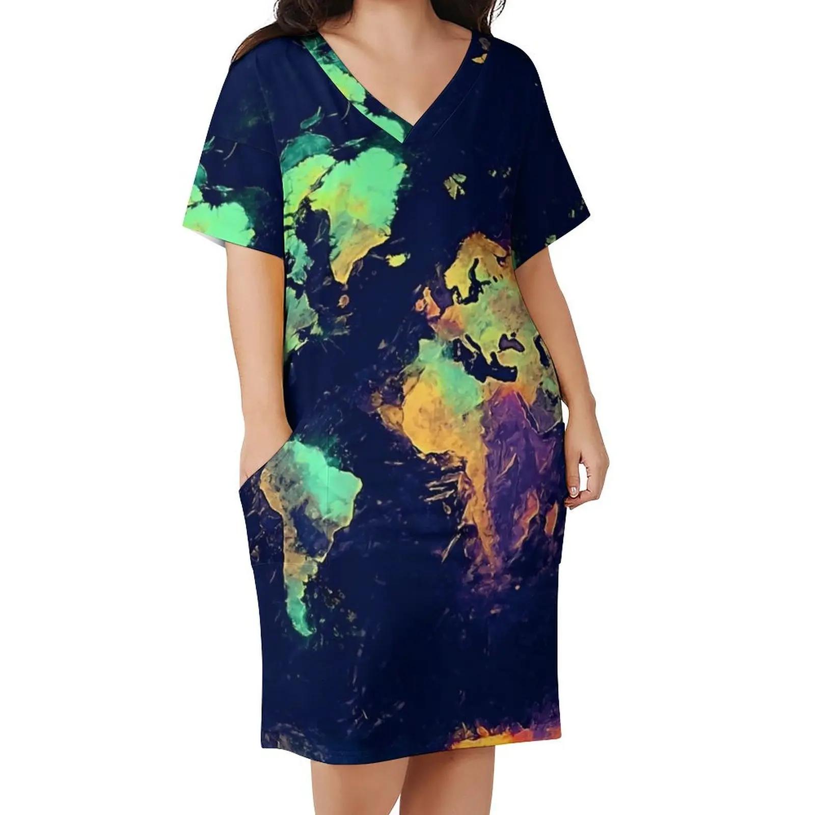 

World Map 140 Dress Womens Global Map Art Aesthetic Casual Dress Spring V Neck Cute Oversized Dresses Gift