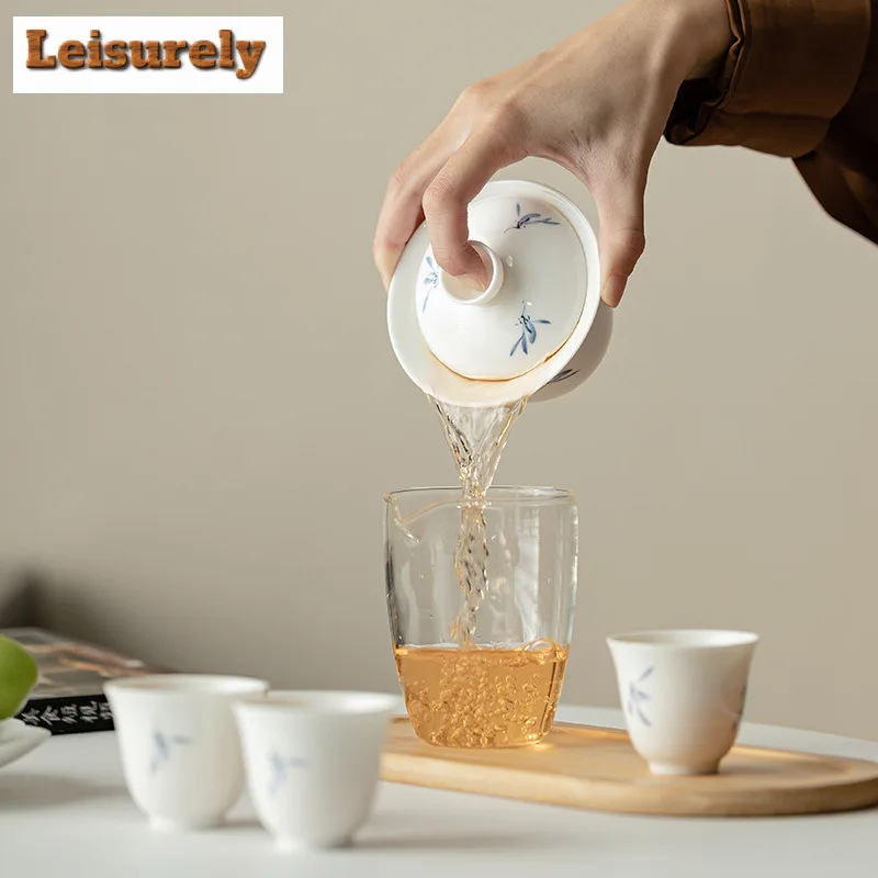 Hand Painted Butterfly Orchid Travel Tea Set Kit Aesthetic 1 Pot 4 Cups Tea Making Glass Tea Pitcher Portable Tote Bag Supplies