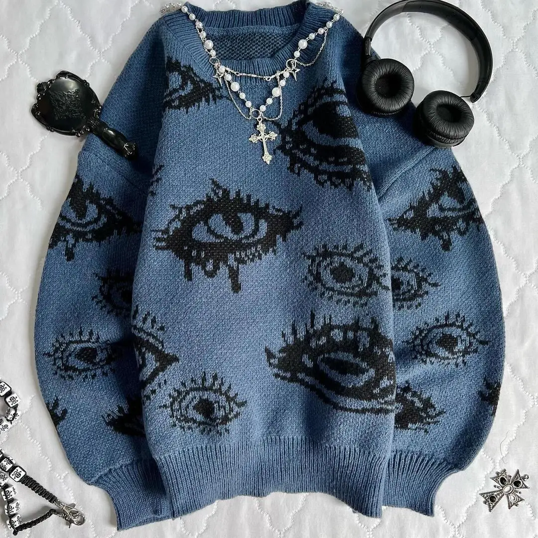 Gothic Punk Oversized Eye Pattern Sweaters for Men and Women Autumn and Winter Thickened Sweatshirts Knitted Sweater Streetwear 5