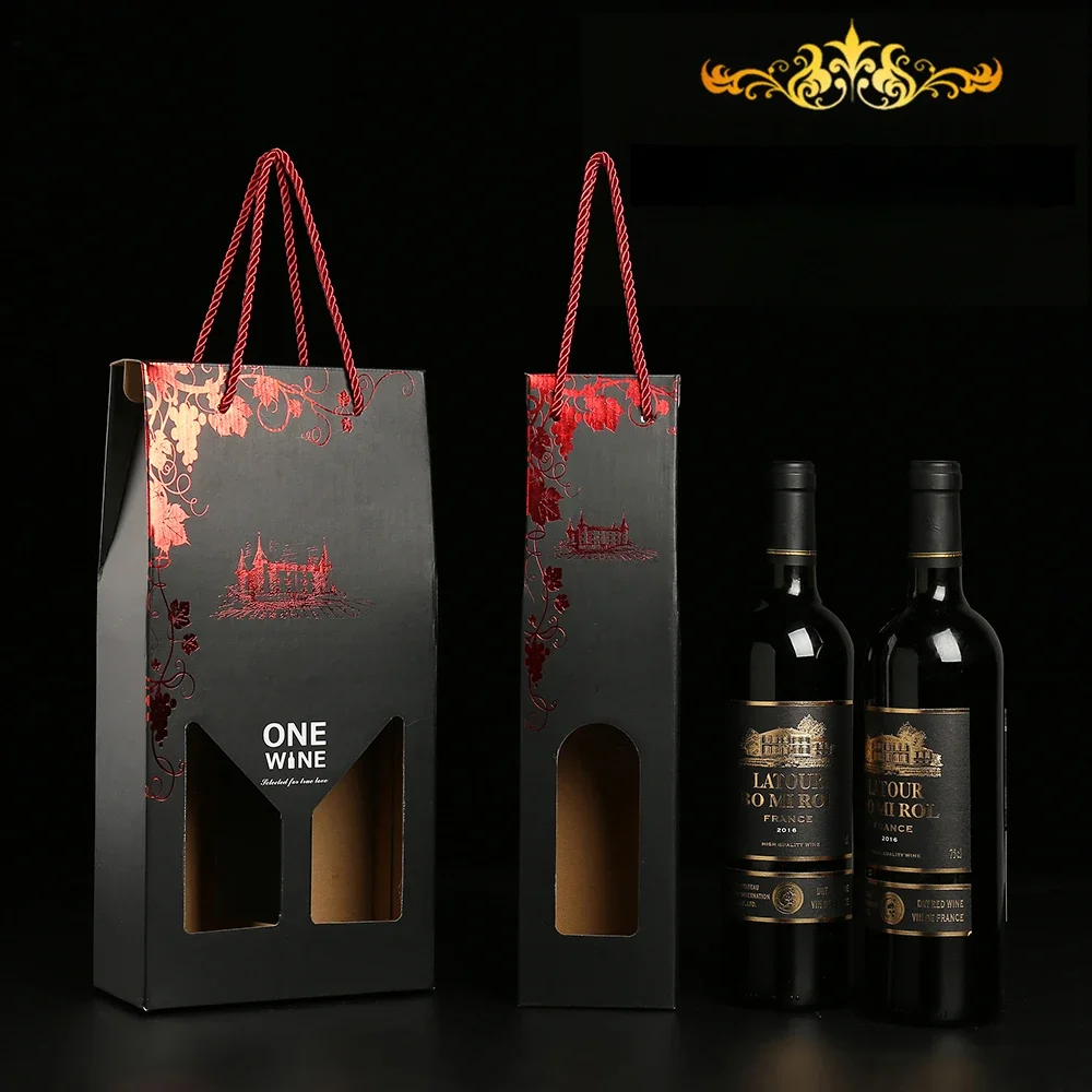 

10pcs Black High-end Sealed Red Wine Packaging Box Gift Champagne Handbag Thickened Cardboard Flower Castle Printed Red Wine Bag