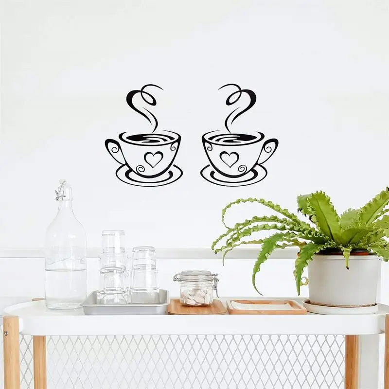 Dual Coffee Cup Wall Stickers Removable Diy Mug Decal Wallpaper Coffee Bar Wall Decor Removable Signs For Kitchen Station Cafe
