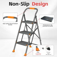 Step Ladder Foldable Folding Stool - for Home Adults Kitchen 3 Stepping Extension Tall Heavy Duty with Handrails - Closet Steps 3