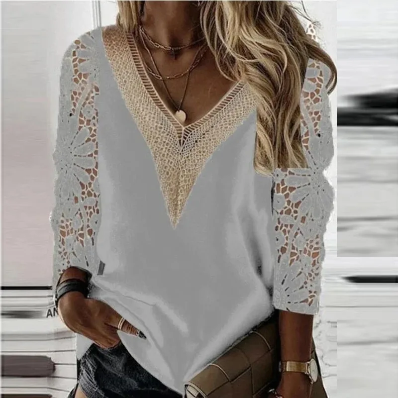 Women Tops Elegant Long Sleeve Blouse Spring V-neck Stitching Hollow Out Lace Chiffon Shirt Casual Loose Clothes Blusas 25948