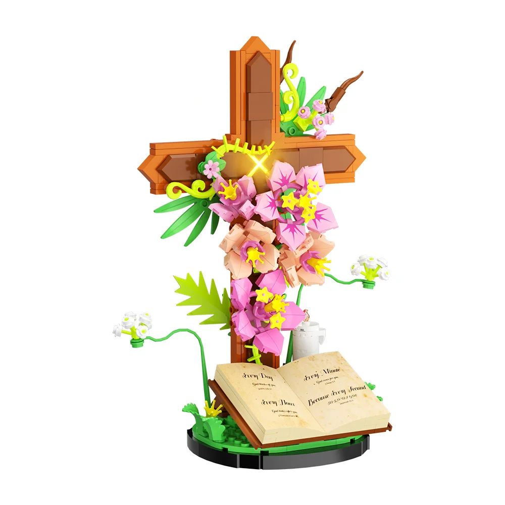 MOC Jesus Cross Tulip Bible Flower Building Blocks Toys Gift