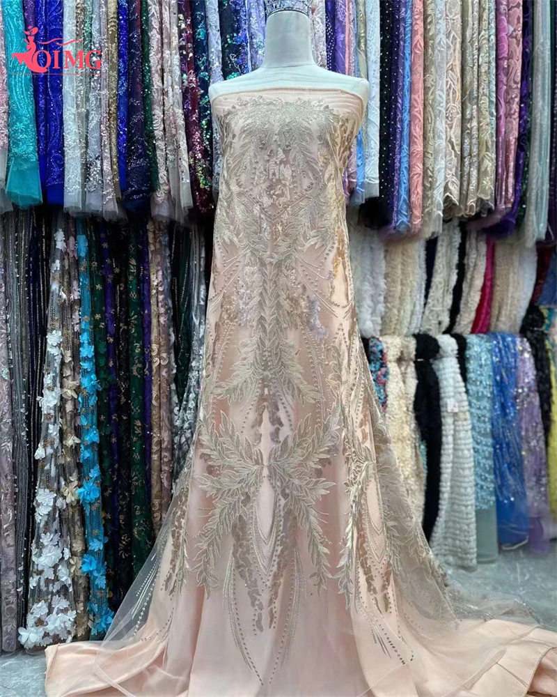

OIMG 5 Yards African Sequin 2023 High Quality Nigerian Lace Fabrics Embroidery French Tulle Lace Fabric For Party Dress