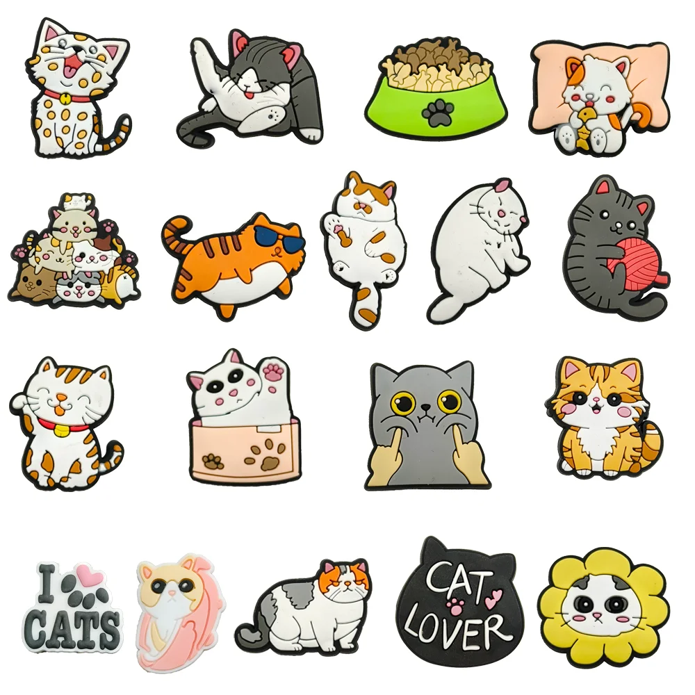 1-18pcs Cat Pattern Shoe Decorations Charms for Clogs White Cat Sandals PVC Slides Accessories Gifts