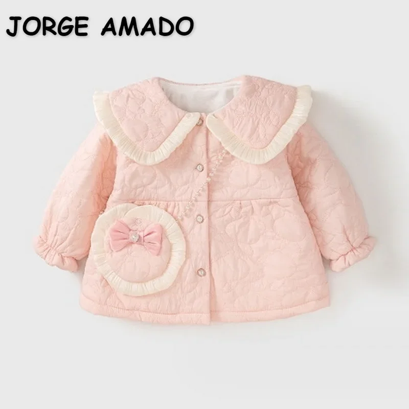 Baby Girls Imported Velvet Coat With Hoodie In Pink Color For Winter main image 0