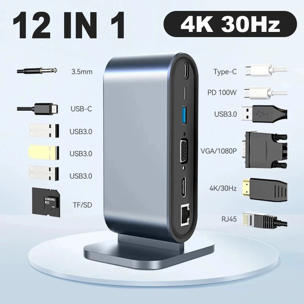 

12-in-1 USB C Docking Station with 100W PD USB-C 4K HDMI VGA USB 3.0 RJ45 SD/TF Cards Reader Audio for Windows Mac Xiaomi Laptop