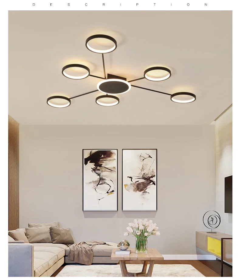 Description Picture 5 of itemModern LED Ceiling Chandelier for Living Room Bedroom Black Circles Ceiling Light with Remote Control Interior Lighting Fixtures