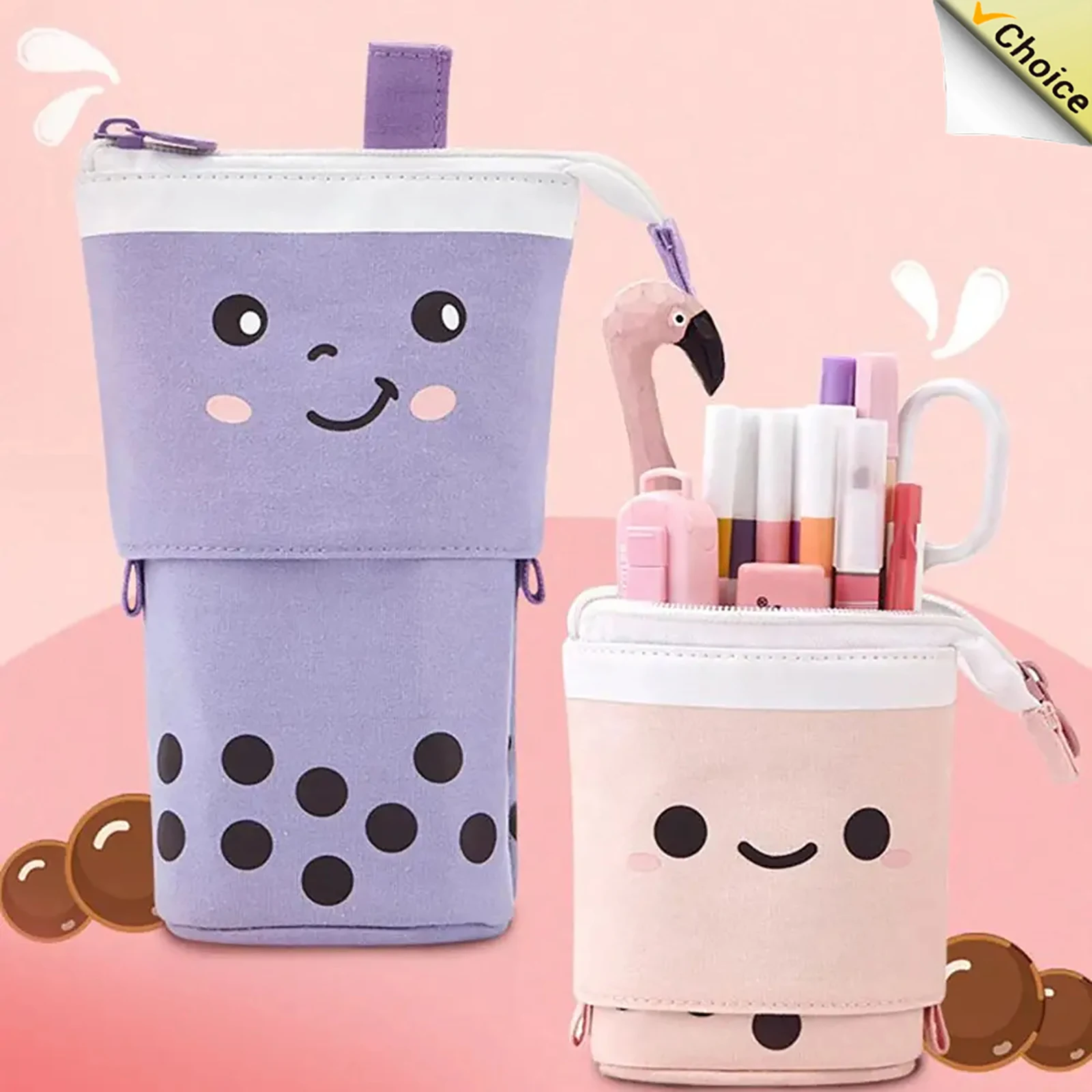 

Standing Milk Tea Pencil Case Cute Telescopic Pen Holder Stationery Pouch Pen Box for School Students Office Supplies Pencil Bag