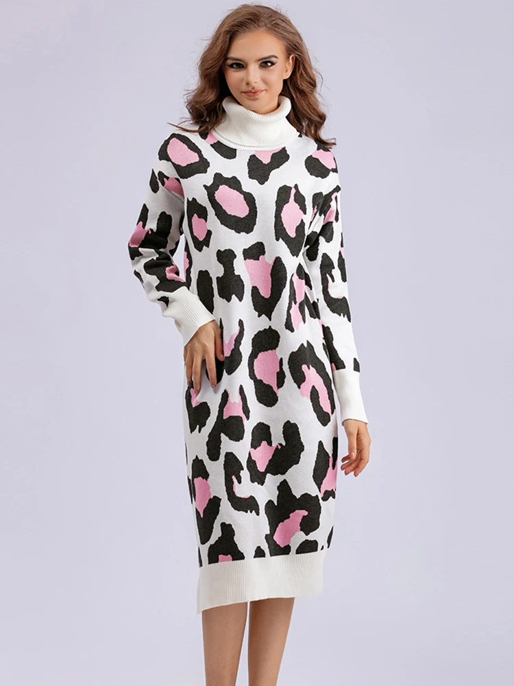 

Женское трикотажное платье-свитер, повседневное теплое длинное трикотажное платье с высоким воротником и леопардовым принтом на осень и зиму