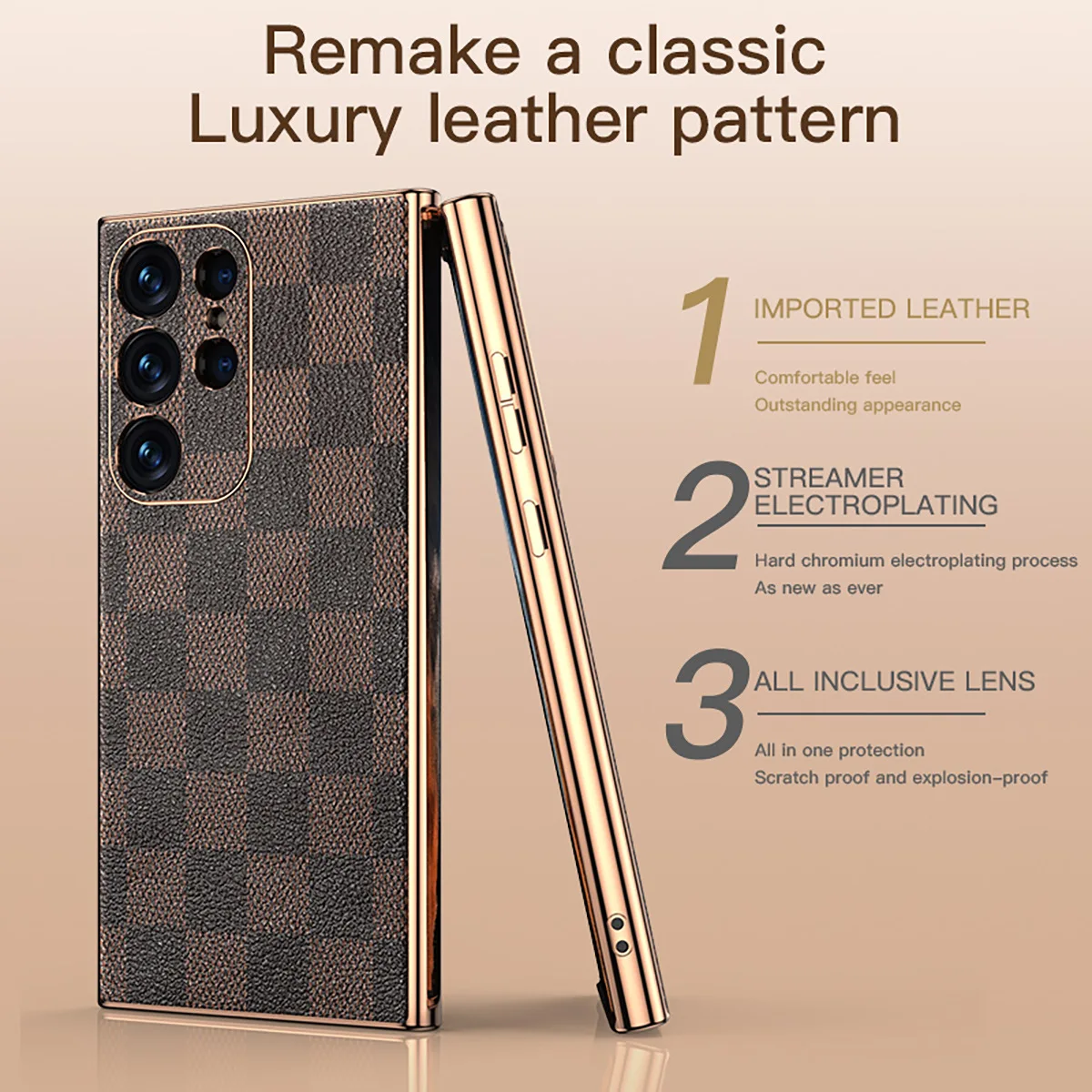

For Samsung S23ultra High-End Leather Phone Case Electroplated Soft Bezel Full Cover Lens Galaxys23 Checkered Phone Case