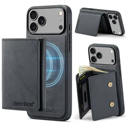 Magnetic Leather Wallet Phone Case with Card Slots and Stand Holder - iPhone 15 Plus (Black)