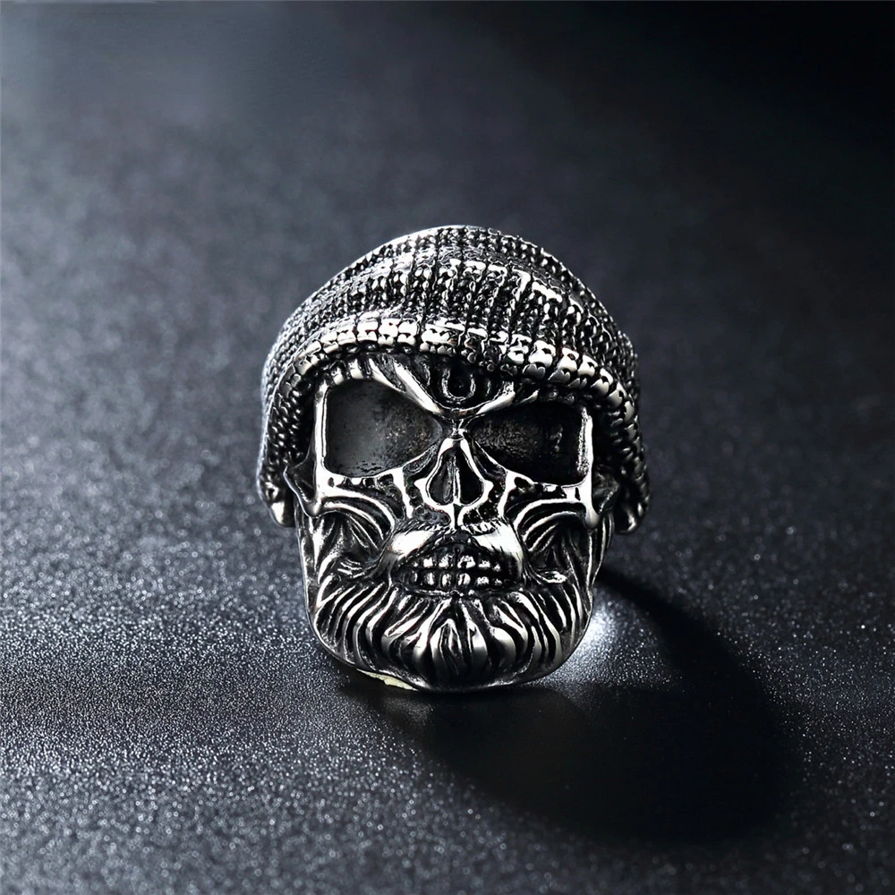 Megin D Stainless Steel Titanium Vintage Retro Skull with Hat Hip Hop Punk Rings for Men Women Couple Friends Gift Fashion Jewel