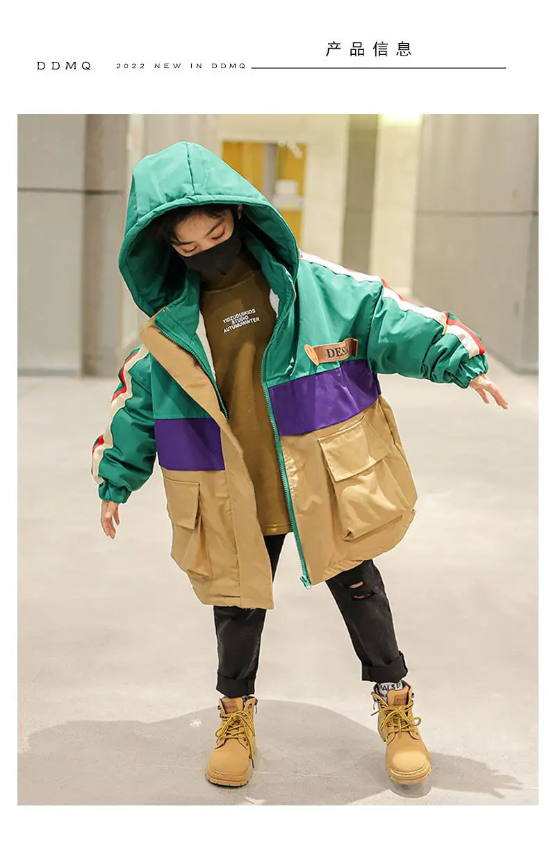 New Winter Children's Boy Thick Velvet Lining Jackets Outerwear Long style Clothes Hooded Teen Boys Windproof Parka Coats 5-12Y