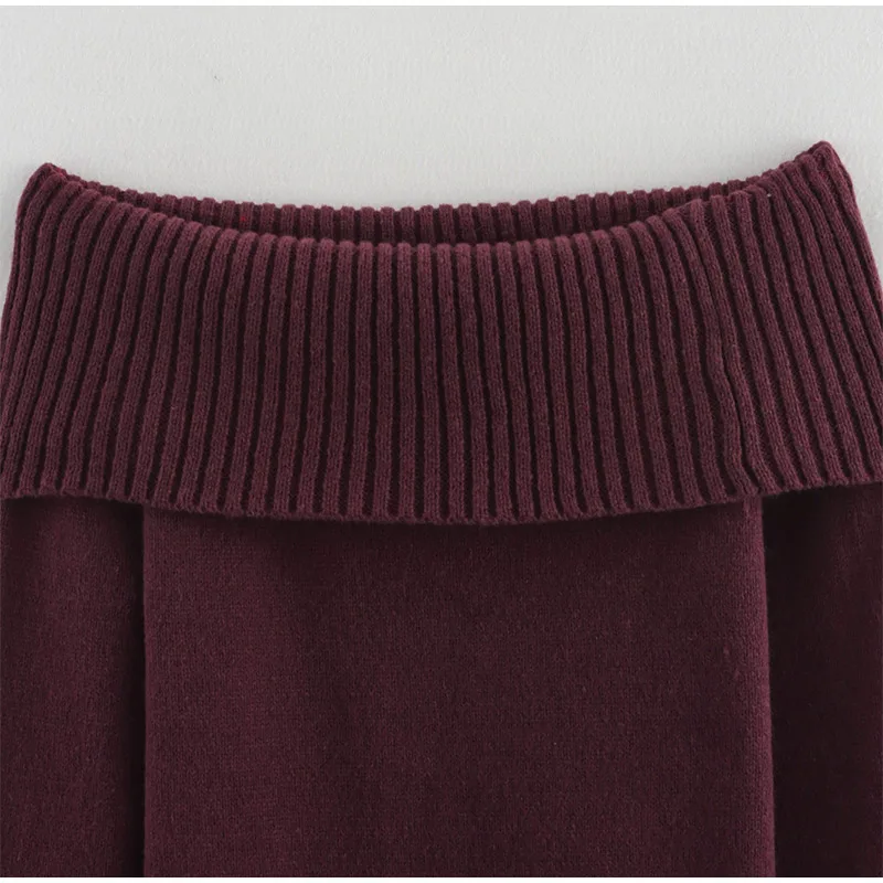 Suéter elegante burdeos con hombros descubiertos para mujer, jersey de punto de manga larga ajustado, prenda informal de punto de calle de primavera 2025