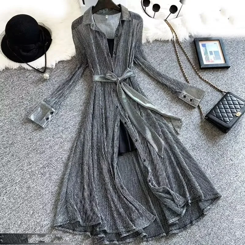 

Женское платье-рубашка из серебристого хлопка, с длинным рукавом, на пуговицах